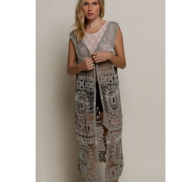 Open Crocheted Layering Maxi Duster Vest - Picture 5 of 7